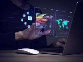 businessman working with business Analytics and Data Management System on computer, online document management and metrics connected to database. Corporate strategy for finance, operations, sales. photo