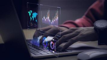 businessman working with business Analytics and Data Management System on computer, online document management and metrics connected to database. Corporate strategy for finance, operations, sales. photo