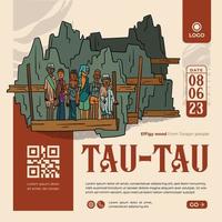 tau-tau efigie cultura de madera en tana toraja indonesia cartel de ilustración dibujado a mano vector