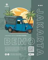 vehículo local un auto rickshaw bemo de jakarta indonesia ilustración dibujada a mano vector