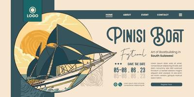 Landing page idea with traditional transportation Pinisi Boat hand drawn Illustration. UI for webdesign idea with ethnic theme vector