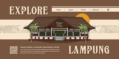 Landing Page for Tourism website with nuwo sessat lampung traditional house hand drawn illustration vector
