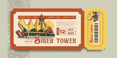 Tourism event voucher ticket with lampung landmark siger tower hand drawn illustration vector