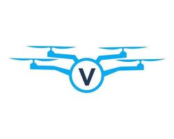 Drone Logo Design On Letter V Concept. Photography Drone Vector Template