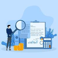 Business analysis concept, research for market growth, financial report, smart businessman analyst holding magnifying glass chart and analysis chart. investment data or sales information concept. vector