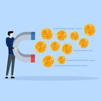 Growth investment, investment concept, finance, growth income, analyst, finance, economy, investor, report, business man holding magnet and pulling coin money, vector flat illustration