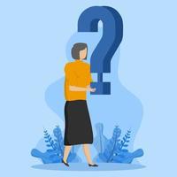 Concept In business question, doubt, problem solving or idea and creativity to answer and survive uncertainty concept, businesswoman holding big question mark and thinking about solution. vector