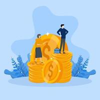 Growth Investment Concept, investment concept, proud business standing on coin money. finance, income growth, analyst, finance, economy, investors, reports, vector flat illustration