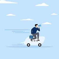 Quick Communication concept, business soft skills to communicate with team or customer, businessman driving fast speech bubble holding megaphone to tell, story telling with proper message. vector