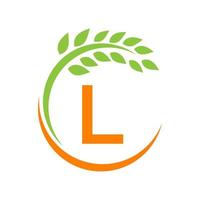 logotipo de agricultura en el concepto de letra l. agricultura y agricultura pastos, leche, logotipo de granero vector