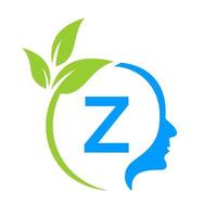 Small Tree Brain On Z Letter Logo Design. Leaf Head Sign Template Healthcare And Fitness, Eco Leaf Thinking Head Concept Vector