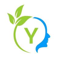 cerebro de árbol pequeño en el diseño del logotipo de la letra y. plantilla de signo de cabeza de hoja cuidado de la salud y fitness, vector de concepto de cabeza de pensamiento de hoja ecológica