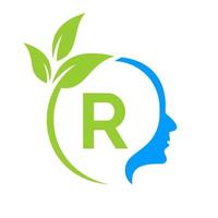 Small Tree Brain On R Letter Logo Design. Leaf Head Sign Template Healthcare And Fitness, Eco Leaf Thinking Head Concept Vector