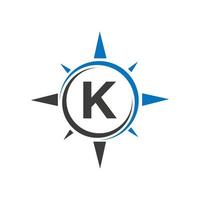 Compass Logo Design On Letter K Concept. Compass Adventure Logo Sign Vector Template