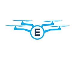 Drone Logo Design On Letter E Concept. Photography Drone Vector Template