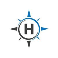 diseño del logotipo de la brújula en el concepto de letra h. plantilla de vector de signo de logotipo de aventura de brújula