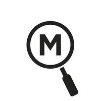 Search Logo On Letter M Vector Template. Magnifying Glass Sign