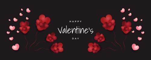 pancarta horizontal del día de san valentín con corazones rojos y rosas aislados en fondo negro. tipografía feliz día de san valentín vector