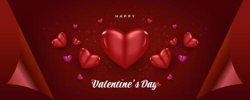 fondo del día de san valentín con corazones rojos y rosas 3d y papel de regalo. tipografía de feliz día de san valentín para pancarta, afiche, tarjeta o sitio web vector