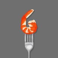 Cartoon Fried shrimp on steel fork. Asian seafood dish. Vector illustration