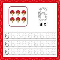 Cards with numbers for children. Trace the line. For kids learning to count and to write. Number six. Count mushroom game. vector