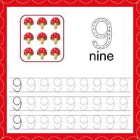 Cards with numbers for children. Trace the line. For kids learning to count and to write. Number nine. Count mushroom game. vector