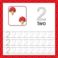 Cards with numbers for children. Trace the line. For kids learning to count and to write. Number two. Count mushroom game. vector