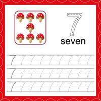 Cards with numbers for children. Trace the line. For kids learning to count and to write. Number seven. Count mushroom game. vector