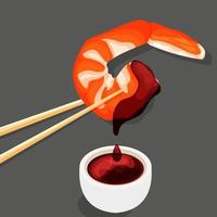 Fried shrimp in Chinese sticks with dripping soy sauce. Asian food in Wooden chopsticks. Vector