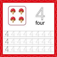 Cards with numbers for children. Trace the line. For kids learning to count and to write. Number four. Count mushroom game. vector