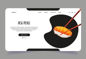 Landing page with nigiri roll in wooden chopsticks. Dark Web site for business company for asian food vector