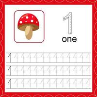 Cards with numbers for children. Trace the line. For kids learning to count and to write. Number one. Count mushroom game. vector