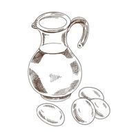 A hand-drawn sketch illustration of water or milk jug and a chicken eggs.  A drawing highlighted on a white background. Vintage element for the design of labels, packaging and postcards. vector