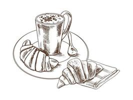 Vector hand drawn illustration of a cup of coffee with a croissants, a spoon on a plate. Drawing isolated on white background. Sketch icon and bakery element.