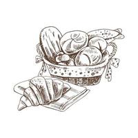 Vector hand drawn  sketch illustration of wicker basket with bread  and croissant. Drawing isolated on white background. Sketch icon and bakery element.