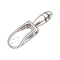 A hand-drawn sketch of Wooden scoop with flour. Vintage illustration. Vector hatching monochrome drawing. Element for the design of labels, packaging and postcards.