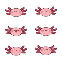 A set of kawaii axolotl stickers. Cute axolotl with different characters on a white background. vector