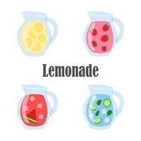 A set of fruit lemonades in glass jugs on a white background, refreshing summer drinks. Strawberry, lemon, watermelon, mojito vector