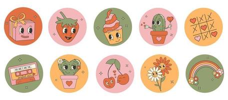 Trendy comic groovy valentines day sticker set. Cute and funny characters. 70s 60s aesthetics. vector