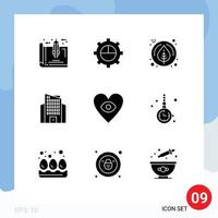 User Interface Pack of 9 Basic Solid Glyphs of love eye gear skyscraper building Editable Vector Design Elements