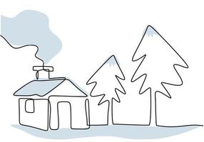 Hand drawing one line of house in snow isolated on white background. vector