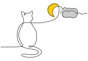 dibujando a mano una línea de gato y luna aislada en fondo blanco. vector