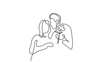 Hand drawing one line of couple hug with flower on white background. vector