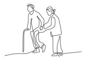 Hand drawing one line of woman help disabled man on white background. vector