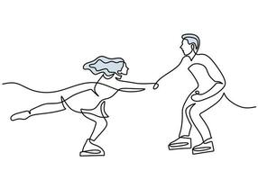 Hand drawing one line of couple ice skating on white background. vector