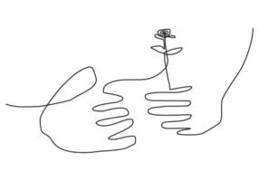 Hand drawn one line of season of giving hand give flower vector