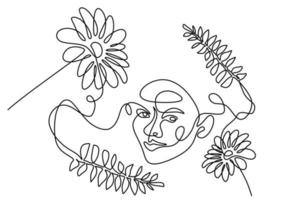 Hand drawing one line woman surreal face and flower vector