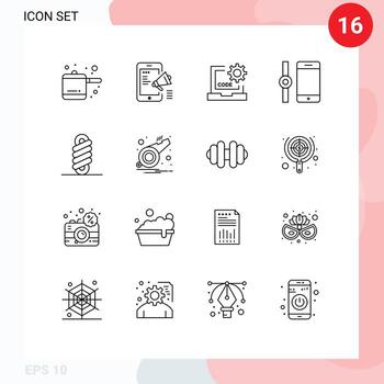 paquete de 16 signos y símbolos de contornos modernos para medios de impresión web como el teléfono inteligente de doble codificación de bobina que conecta elementos de diseño de vectores editables