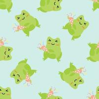 Cute cartoon frogs  with serpantin. Enamored green toads. Vector animal characters seamless pattern of amphibian toad drawing.Childish design for baby clothes, bedding, textiles.