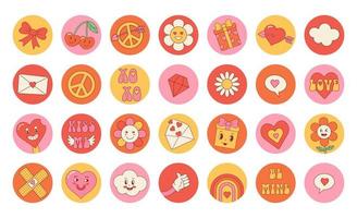 Groovy love stickers set. Retro Happy Valentines day. Fun happy heart, letter, gift, daisy character in trendy vintage 60s 70s cartoon style. vector